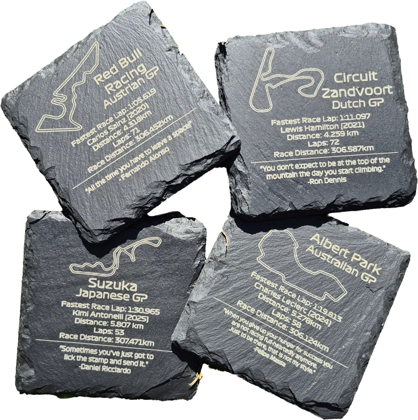 F1 Slate Coasters Create your own Set of 4 - Laser Engraved Track Maps & Stats