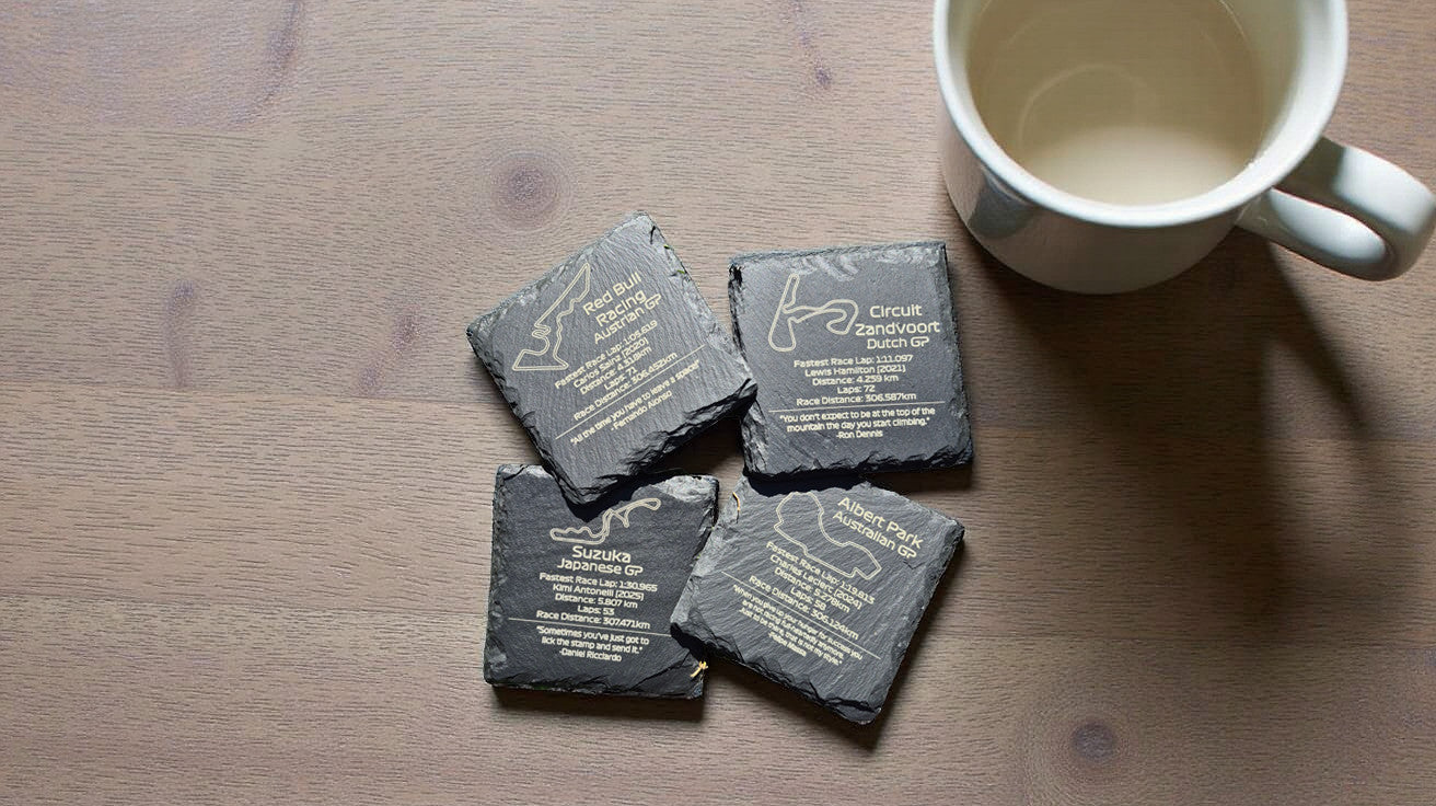 Dynamic Drivers' Circuits – F1 Slate Coaster Set