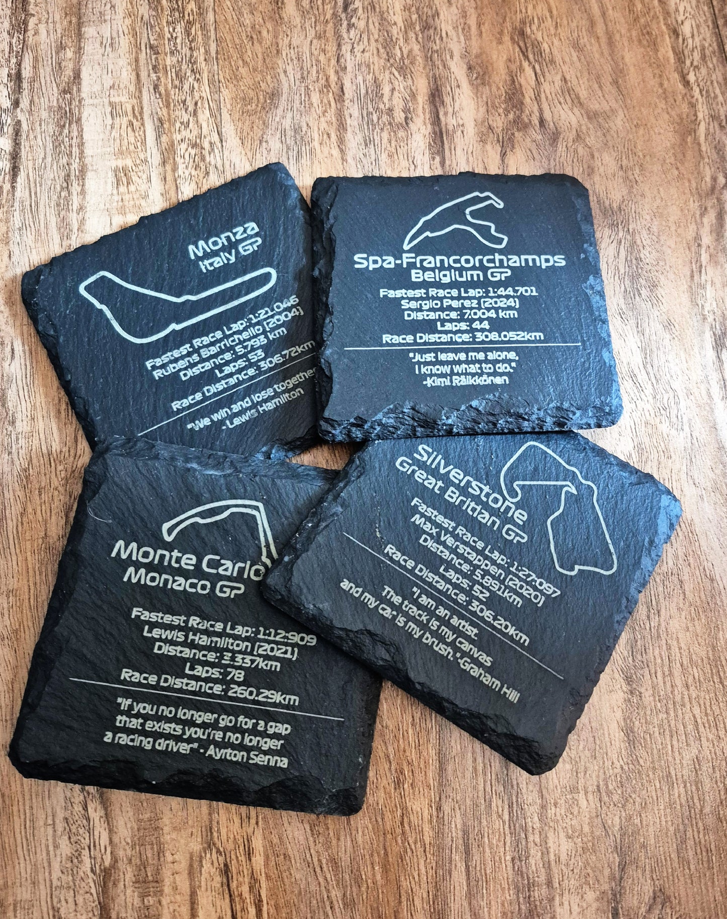 F1 Slate Coasters Create your own Set of 4 - Laser Engraved Track Maps & Stats
