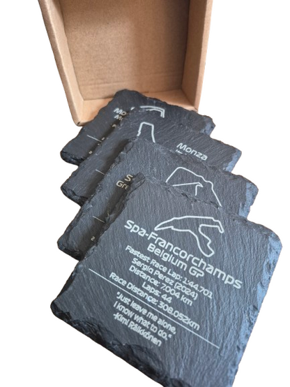 F1 Slate Coasters Create your own Set of 4 - Laser Engraved Track Maps & Stats