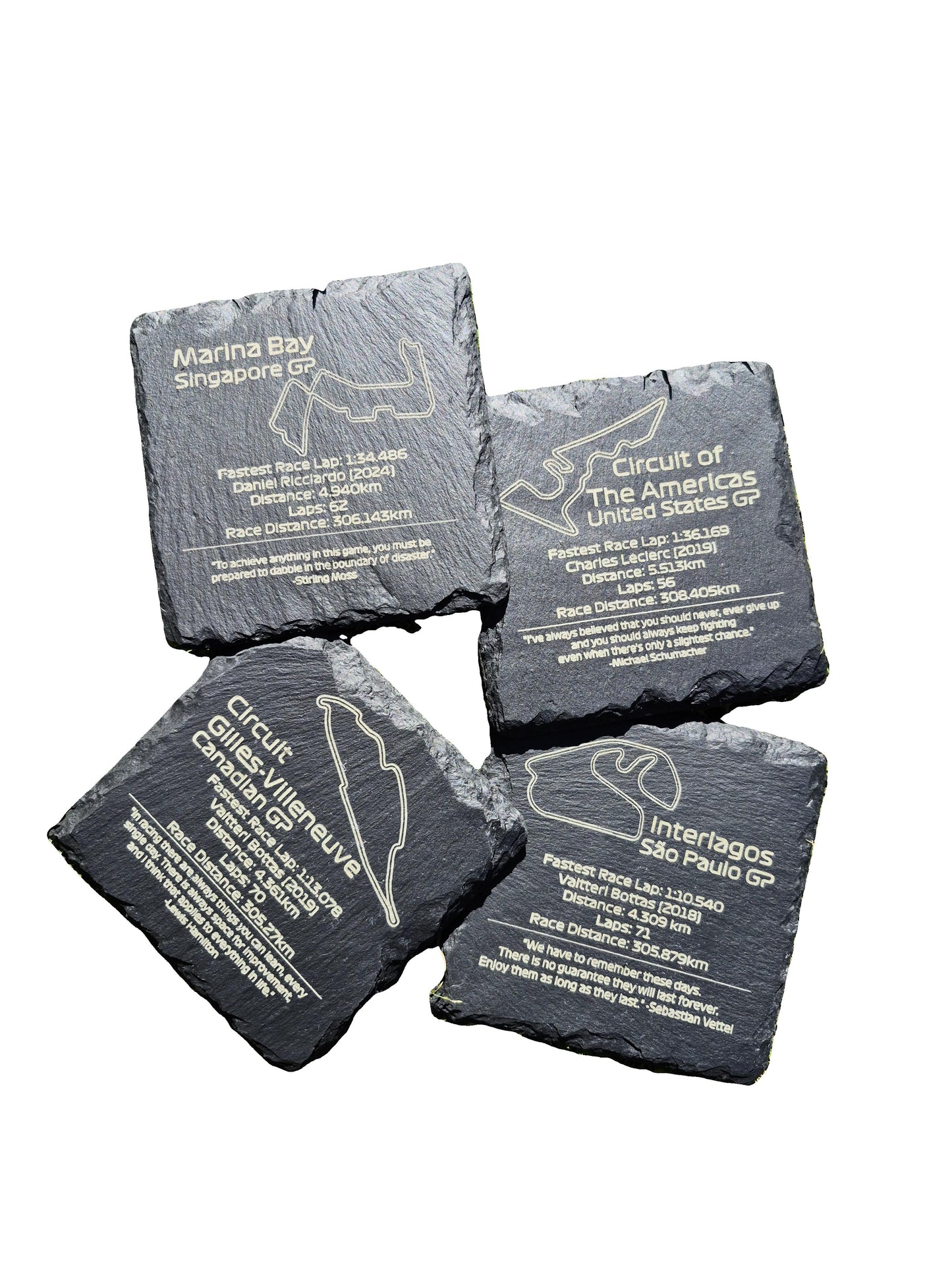 F1 Slate Coasters Create your own Set of 4 - Laser Engraved Track Maps & Stats