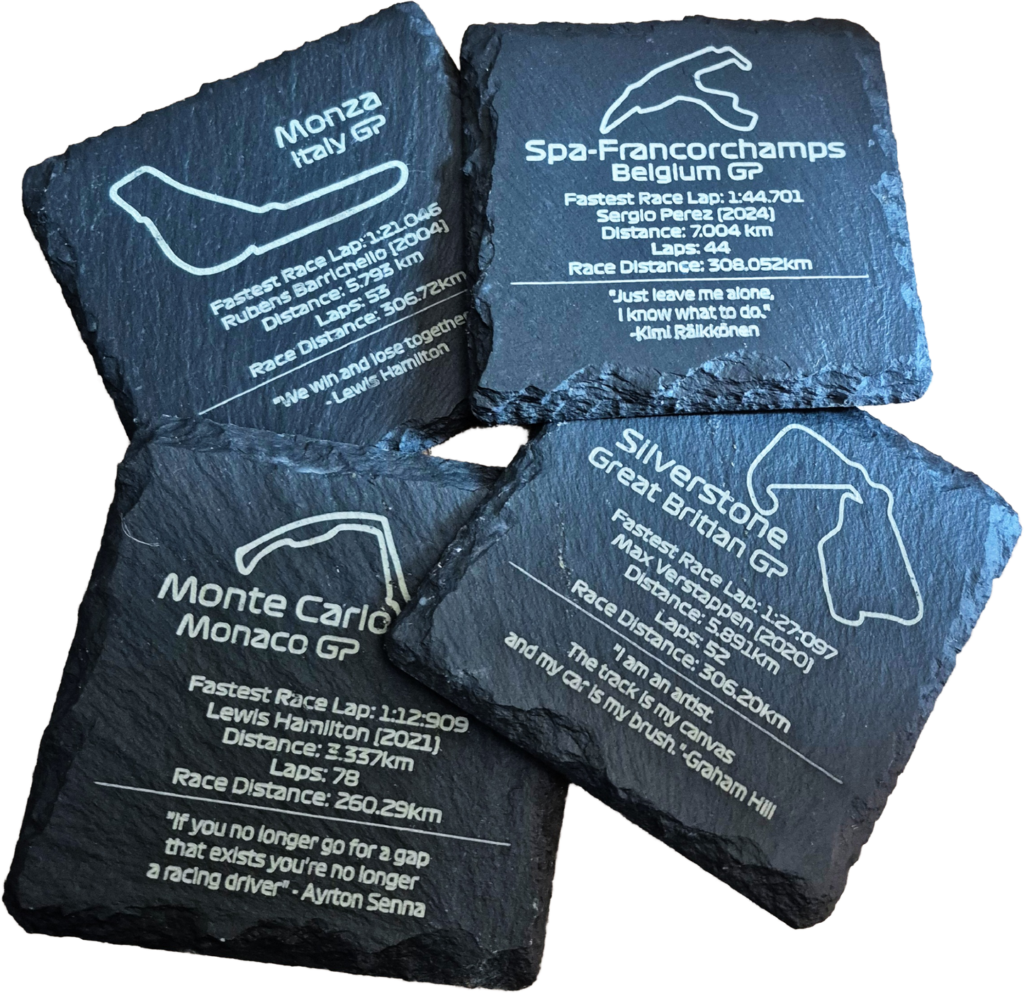F1 Slate Coasters Create your own Set of 4 - Laser Engraved Track Maps & Stats