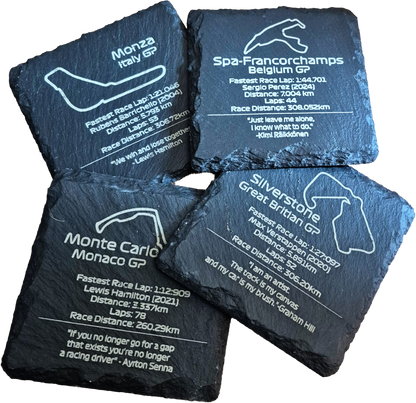 F1 Slate Coasters Create your own Set of 4 - Laser Engraved Track Maps & Stats