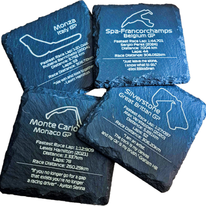 F1 Slate Coasters Create your own Set of 4 - Laser Engraved Track Maps & Stats